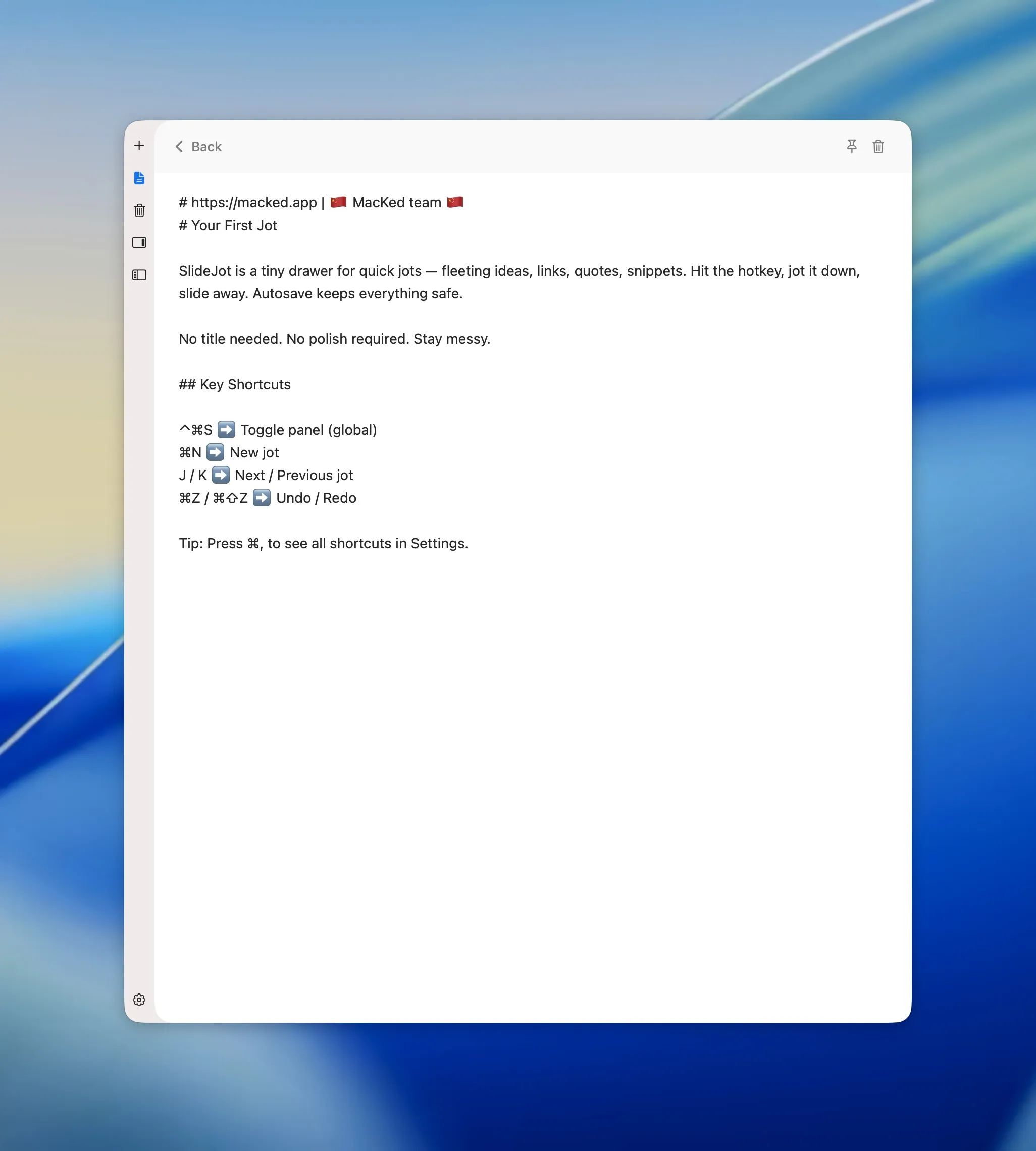 图片[1]破解版下载 | SlideJot 1.10.4 便捷高效的笔记工具 - MacPJ - 最新Mac软件与游戏破解版资源下载破解版下载 | MacPJ - 最新Mac软件与游戏破解版资源下载